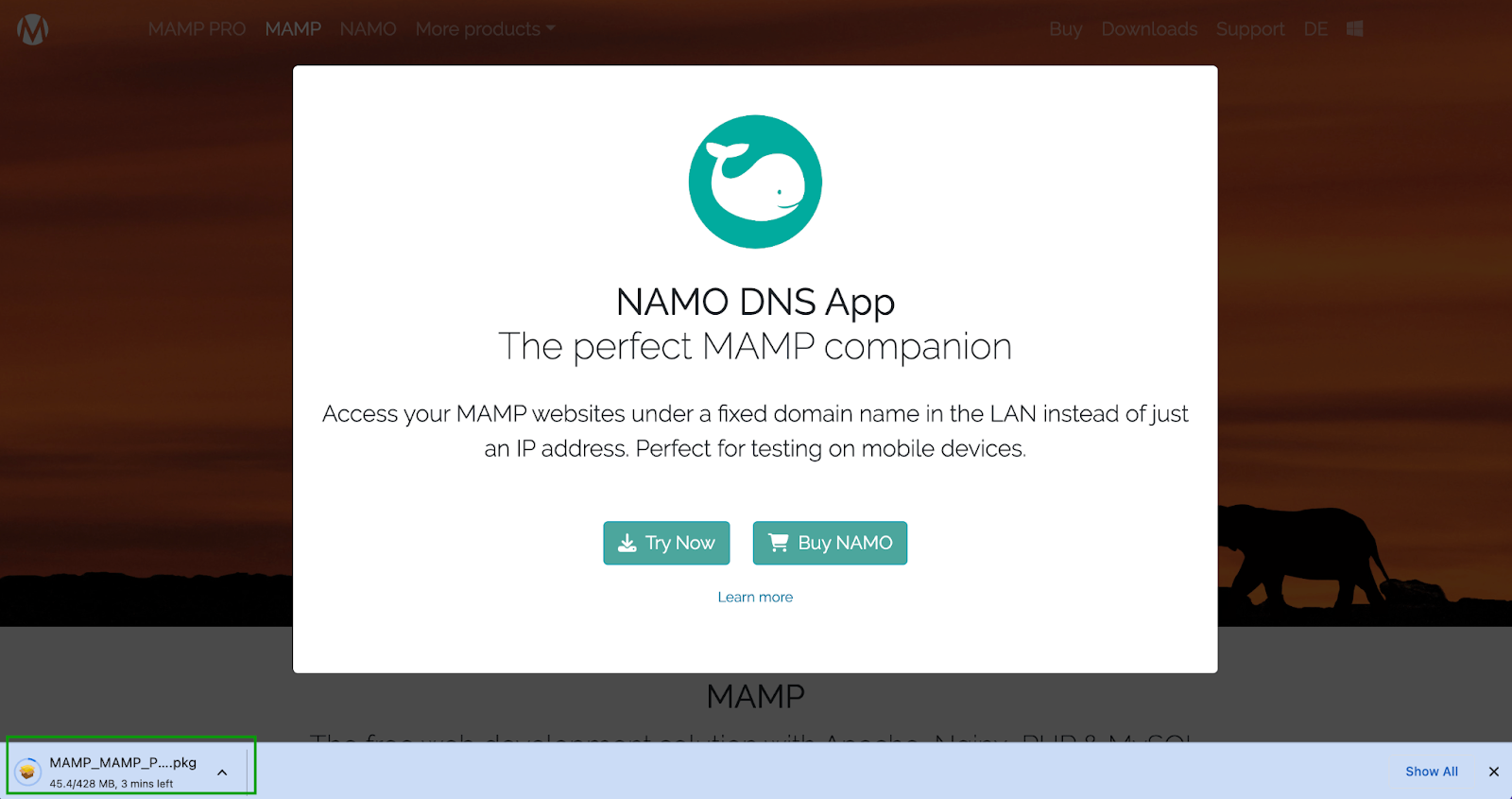 Dopo aver fatto clic sul pulsante di download, verrà visualizzata una schermata che dice NAMO DNS App: Il compagno MAMP perfetto.