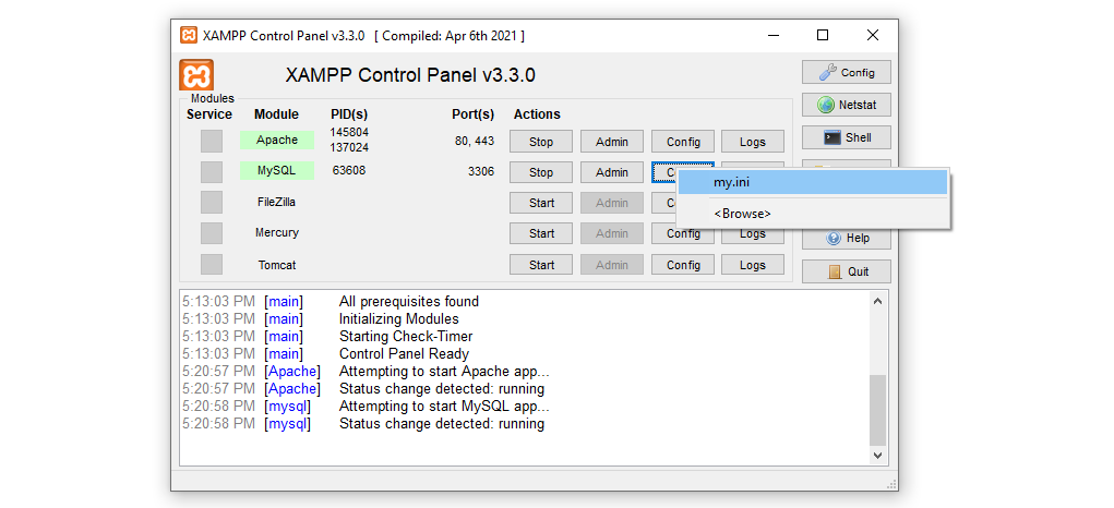 Chiudi il file di configurazione e trova l'opzione my.ini in Config per il modulo MySQL.