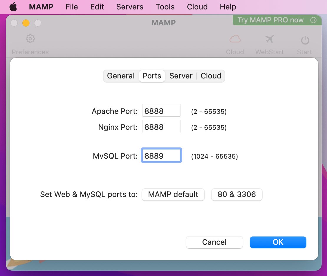 De manera similar, su puerto MySQL debe estar configurado en "8889".