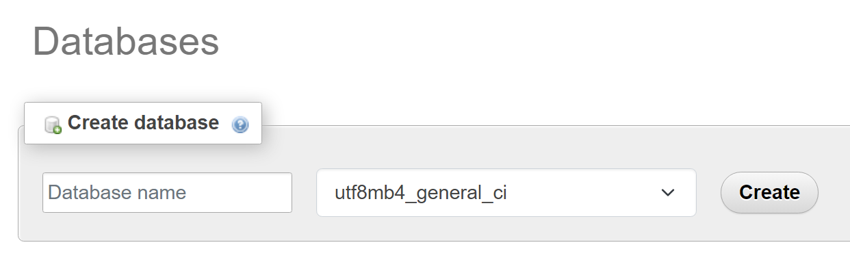 En phpMyAdmin, vaya a la pestaña Bases de datos y busque la sección que dice Crear base de datos.