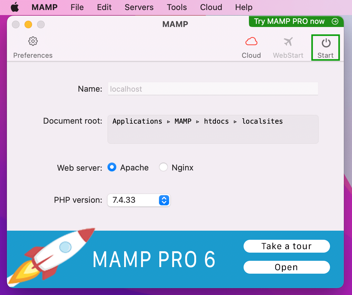 Estás listo para iniciar tus servidores MAMP. Para hacer esto, haga clic en el botón Inicio de la configuración de MAMP.