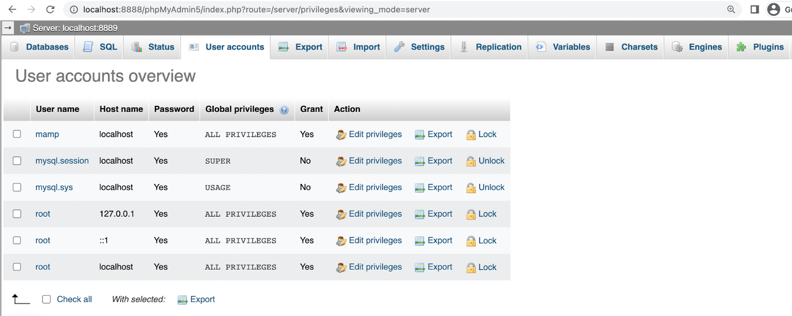 Entonces, regrese a su pantalla principal de phpMyAdmin y navegue hasta la pestaña Cuentas de usuario.