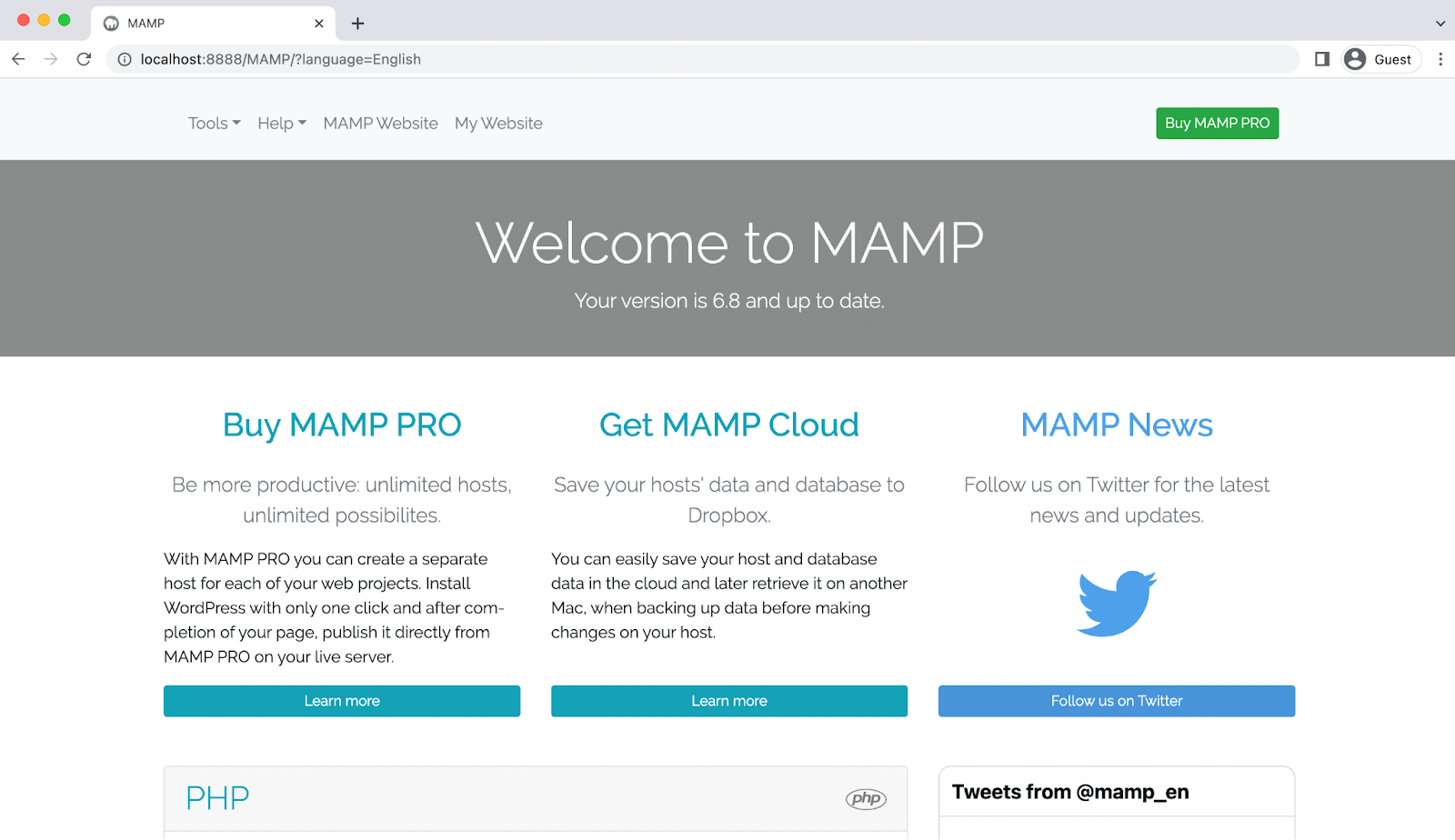 Después de presionar el botón Inicio, su panel de control MAMP se iniciará en su navegador.