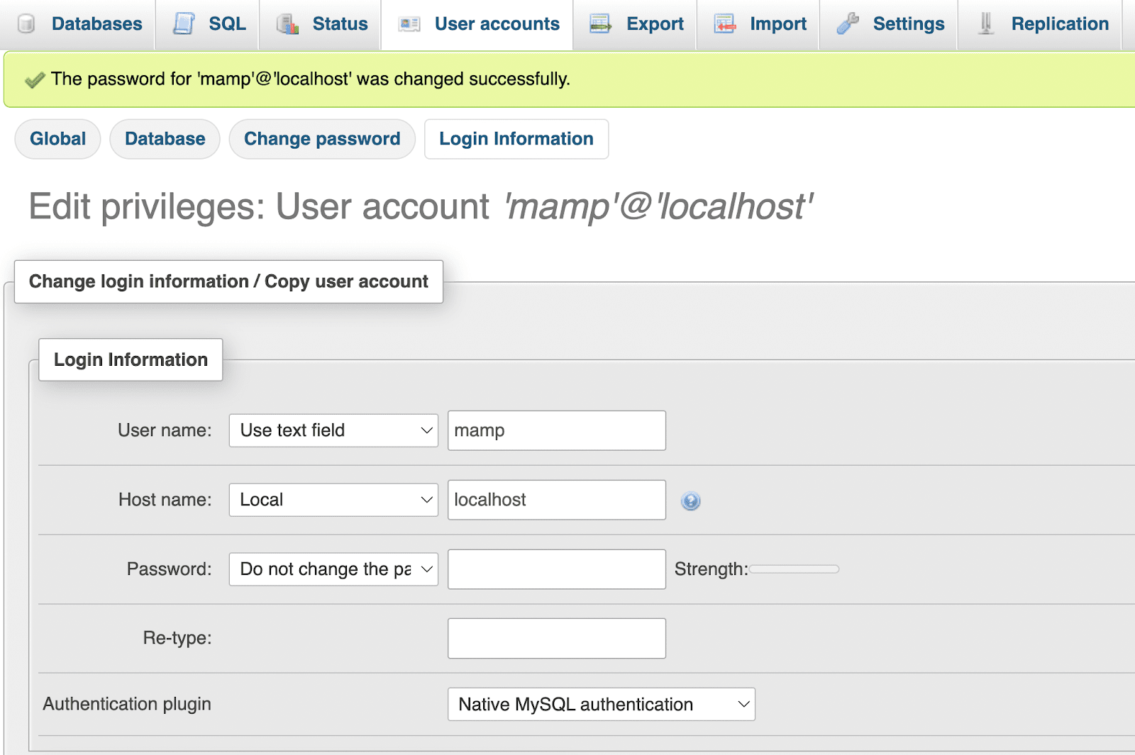 Si desea cambiar su nombre de usuario, puede hacer clic en la pestaña Información de inicio de sesión. De lo contrario, tenga en cuenta que su nombre de usuario será "mamp" y su nombre de host será "localhost".