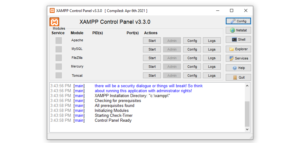 Das XAMPP-Kontrollfeld – dies ist die Hauptschnittstelle, die Sie zum Verwalten Ihrer lokalen Websites verwenden.