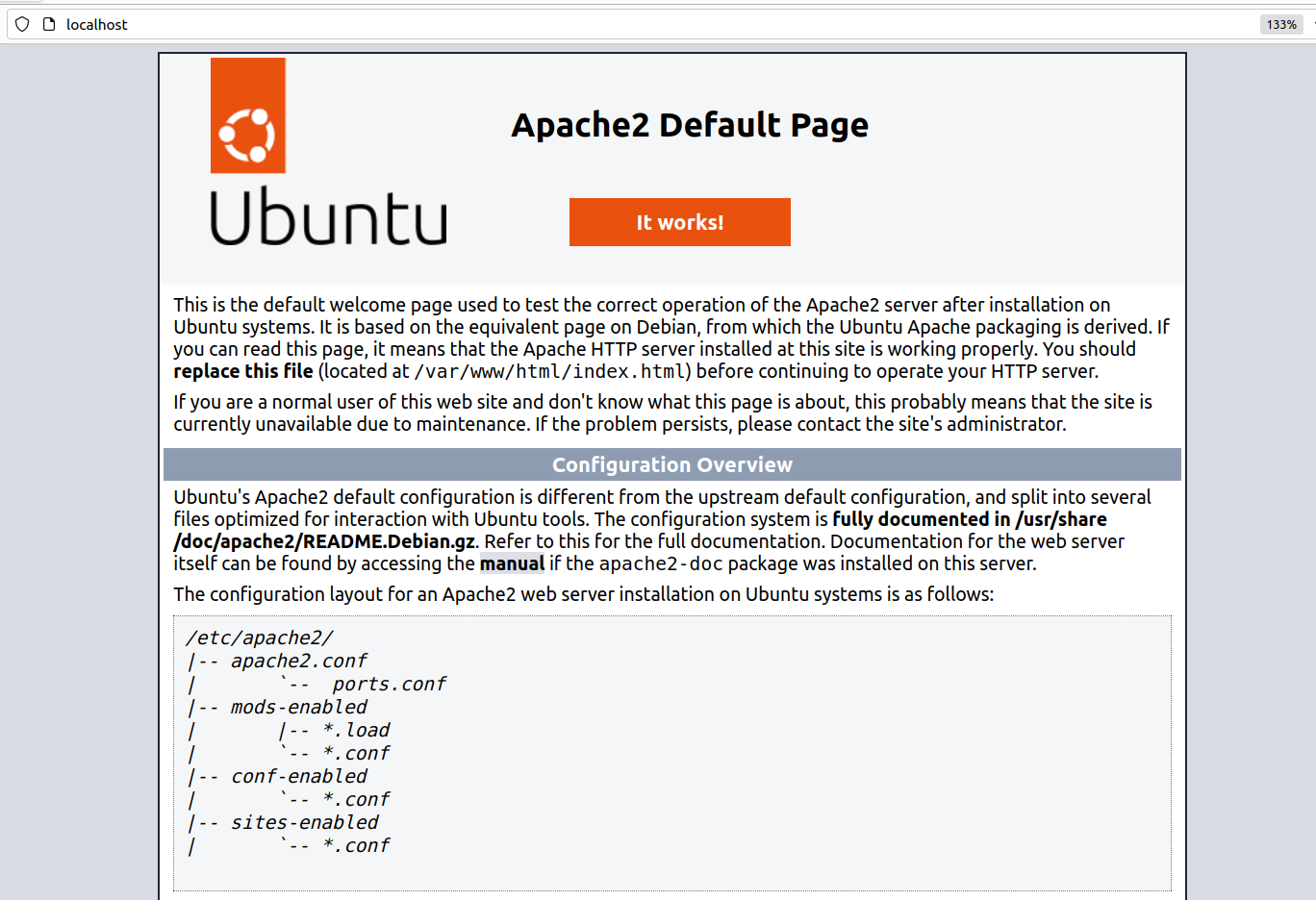 Para confirmar que Apache está funcionando, abra el navegador y vaya a localhost. Deberías ver una página de Apache.