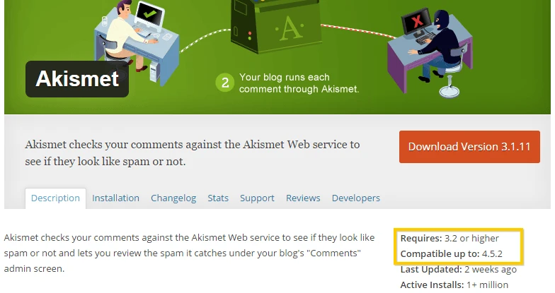 Ver la compatibilidad del complemento de WordPress Akismet