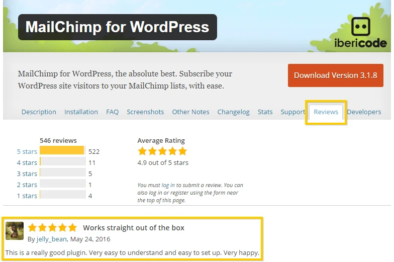 Ver reseñas del complemento de WordPress de Mailchimp