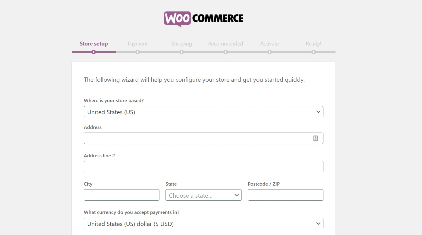 El siguiente paso en el tutorial de WooCommerce es utilizar el asistente de configuración de WooCommerce para comenzar.