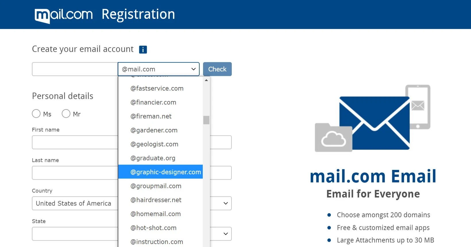 La página de registro de Mail.com.