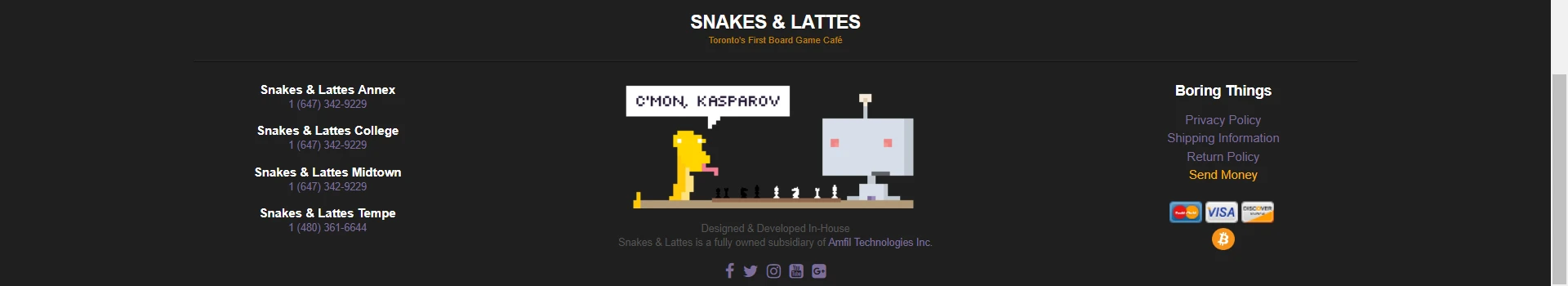 Snakes and Lattes mostrando sus distintas ubicaciones.