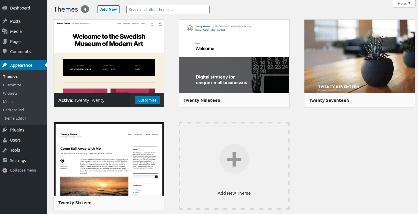 Melihat tema gratis di dashboard WordPress.