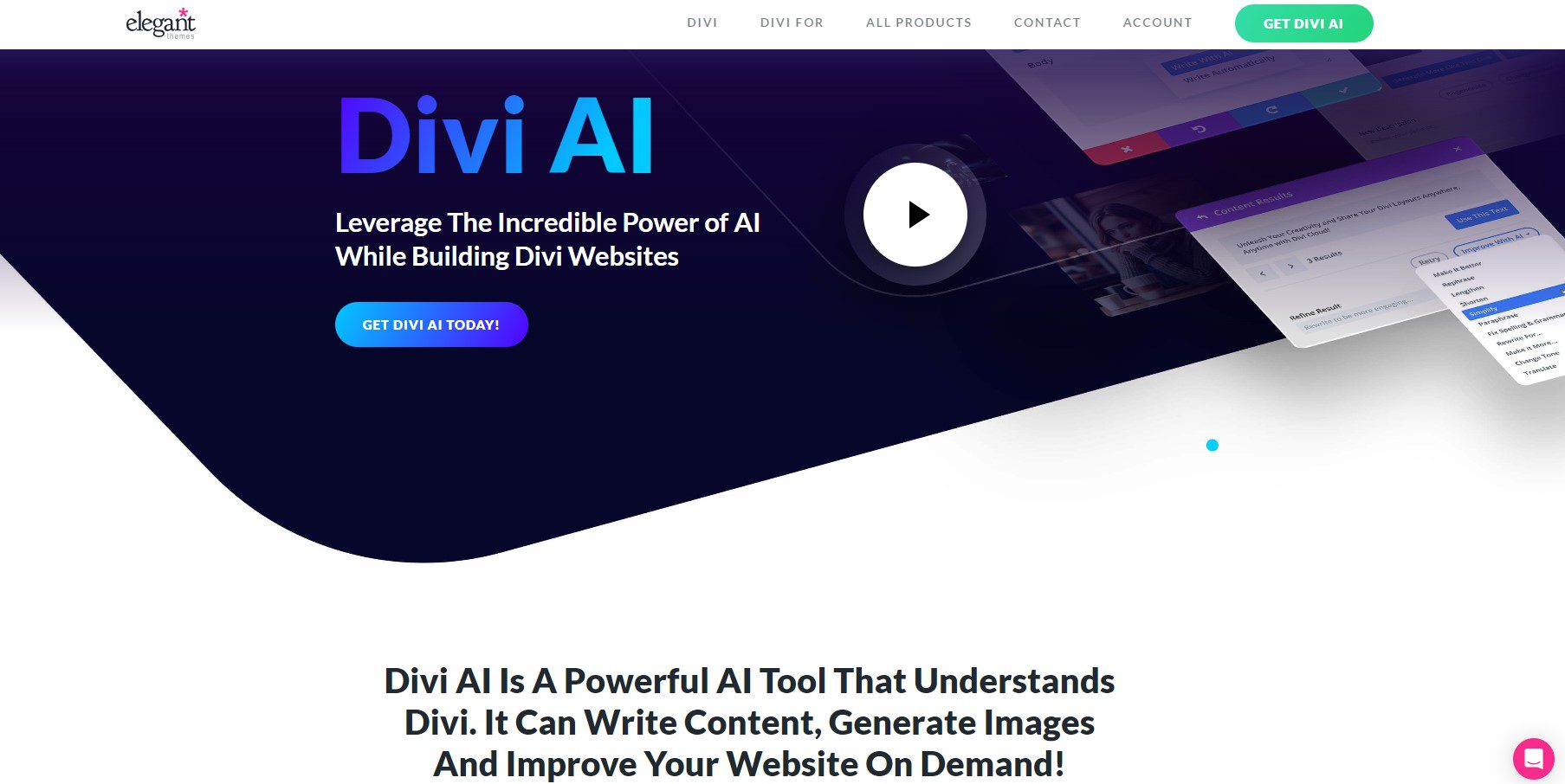 Miglior scrittore di contenuti WordPress: sezione degli eroi Divi AI