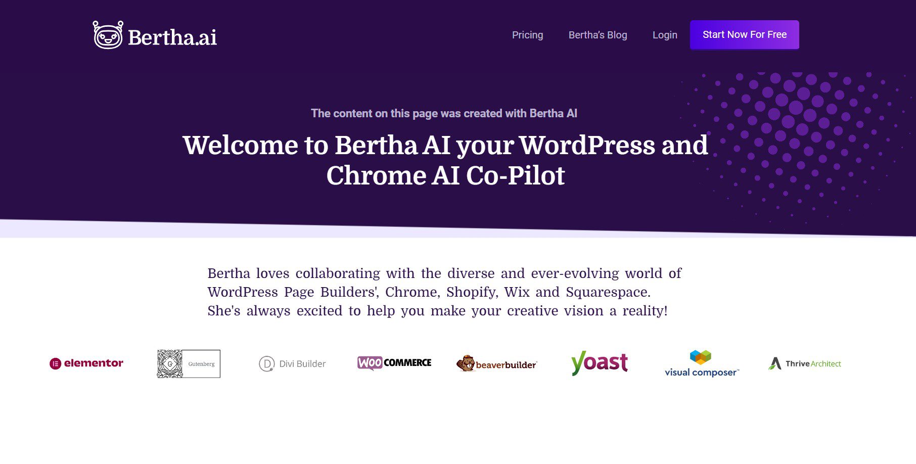 Najlepszy autor treści WordPress – sekcja bohatera Bertha AI