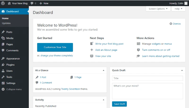 Seu painel WordPress em um blog WordPress gratuito.