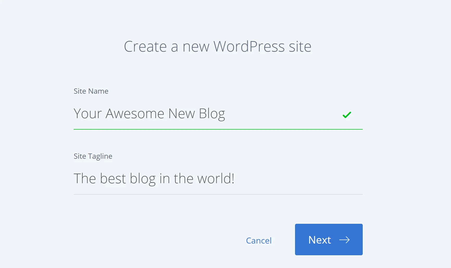 Insira os detalhes para criar um blog WordPress.