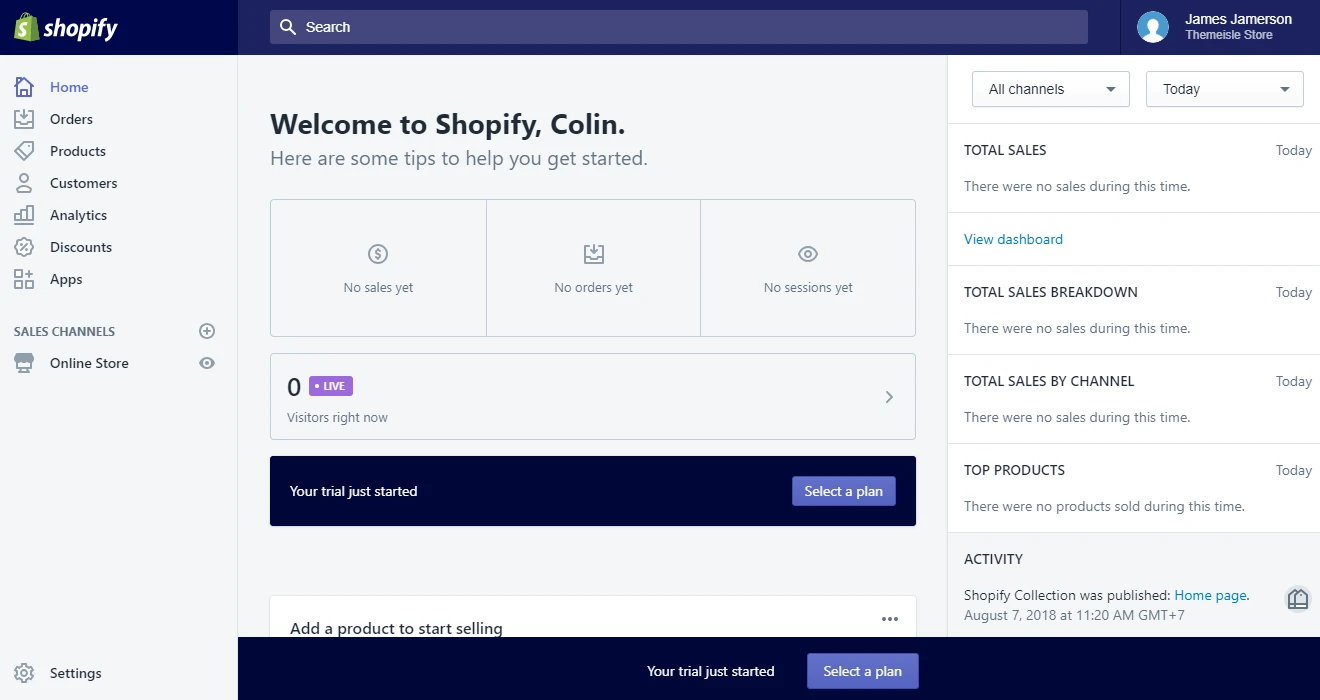 Shopify 대시보드.