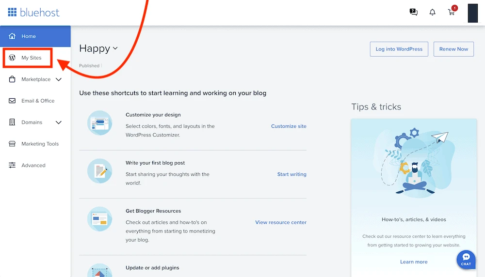 BlueHost 仪表板 |我的网站。