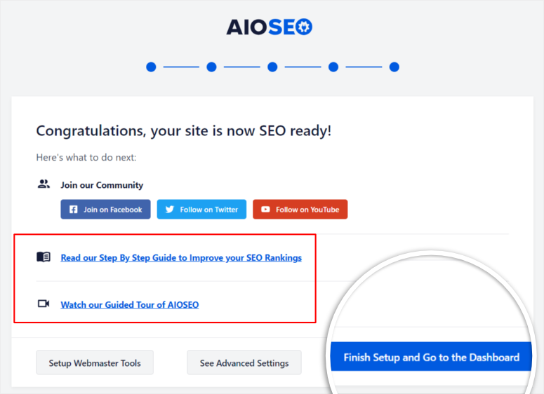 aioseo setup redirect to dashboard