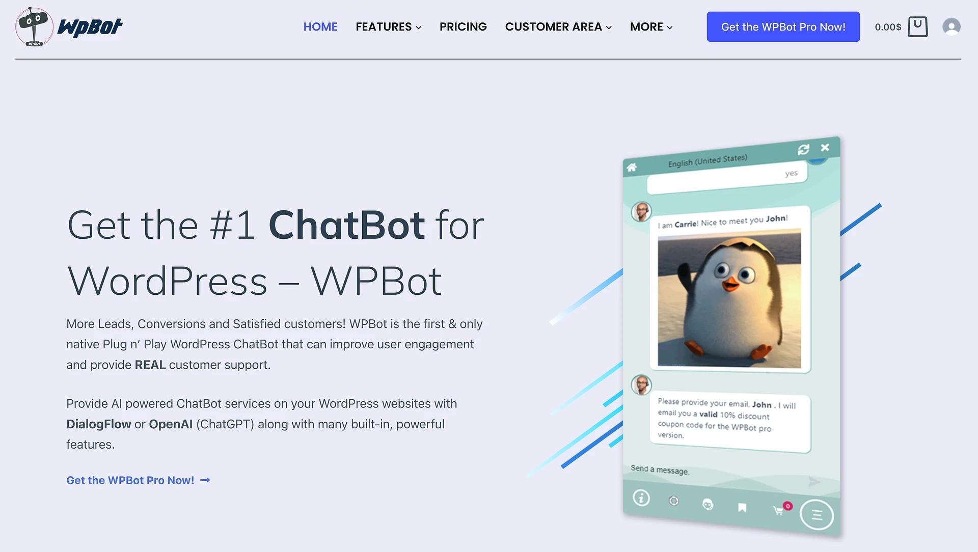 WPBot è un plugin per chatbot che offre integrazione con OpenAI e DialogFlow di Google.