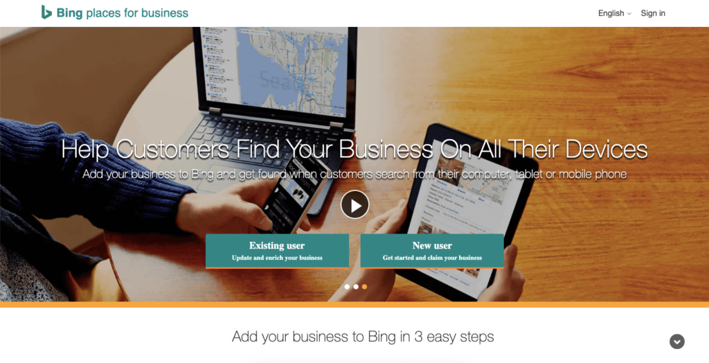 หน้า Landing Page ของ Bing Places สำหรับธุรกิจ