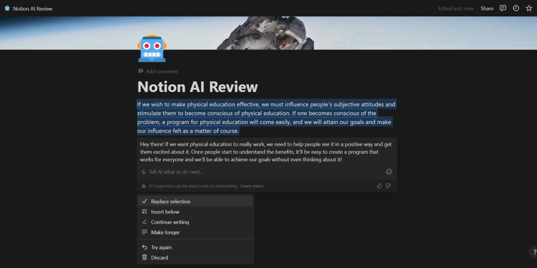 Notion AI がテキストのトーンを変更するスクリーンショット