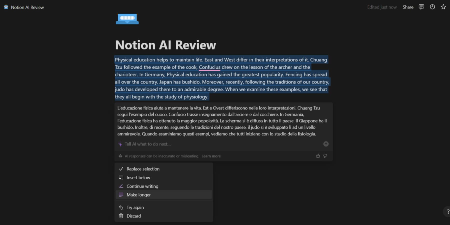 Скриншот Notion AI, переводящего абзац с английского на итальянский.