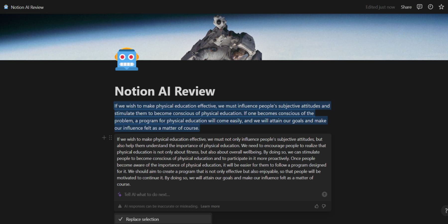 Notion AI 展開一段文字的截圖