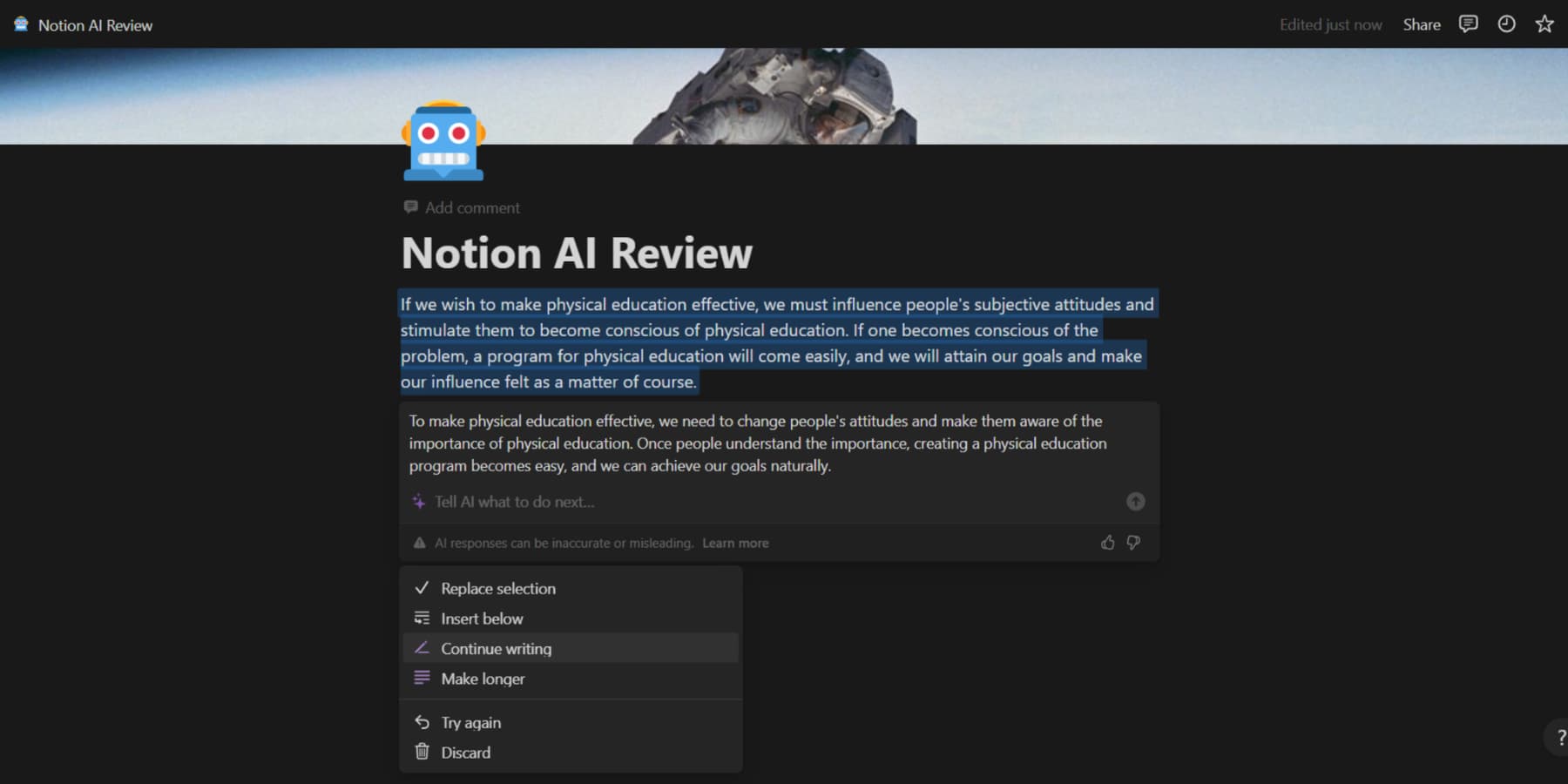 لقطة شاشة لـ Notion AI لتبسيط جزء من النص