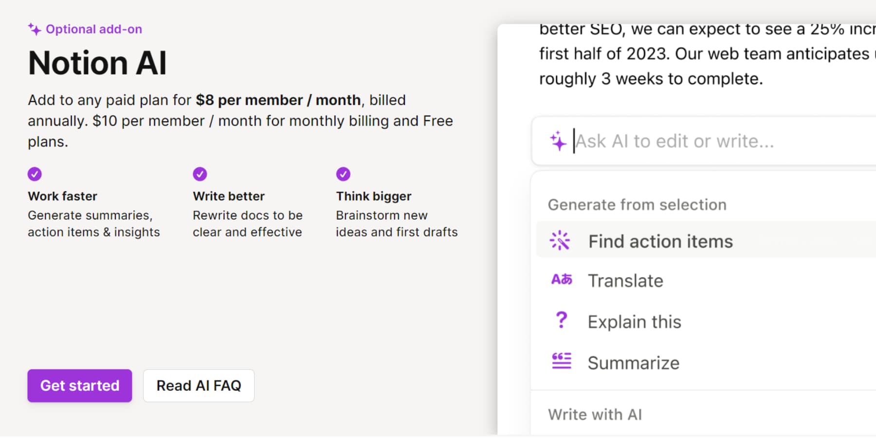 Notion AI fiyatlandırmasının ekran görüntüsü