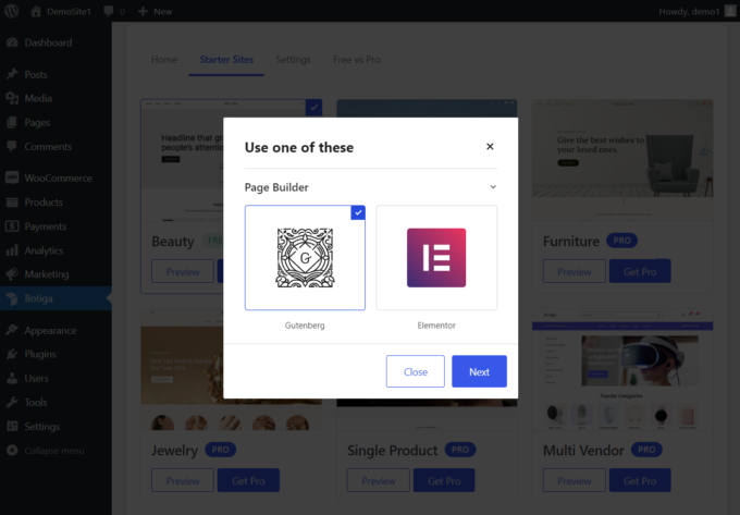 Botiga のデモ インポーター、Gutenberg 対 Elementor オプション