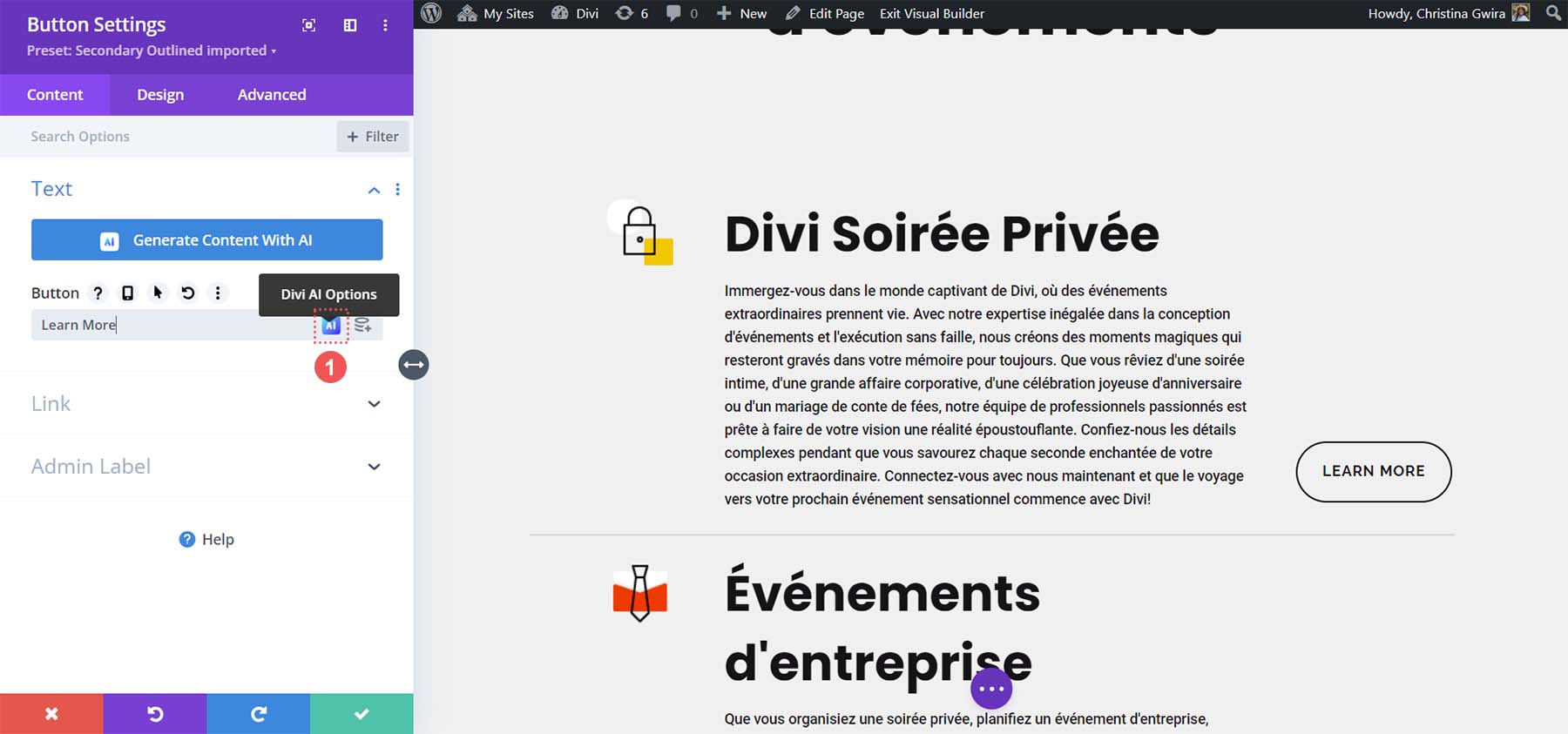 Traduire un bouton avec Divi AI