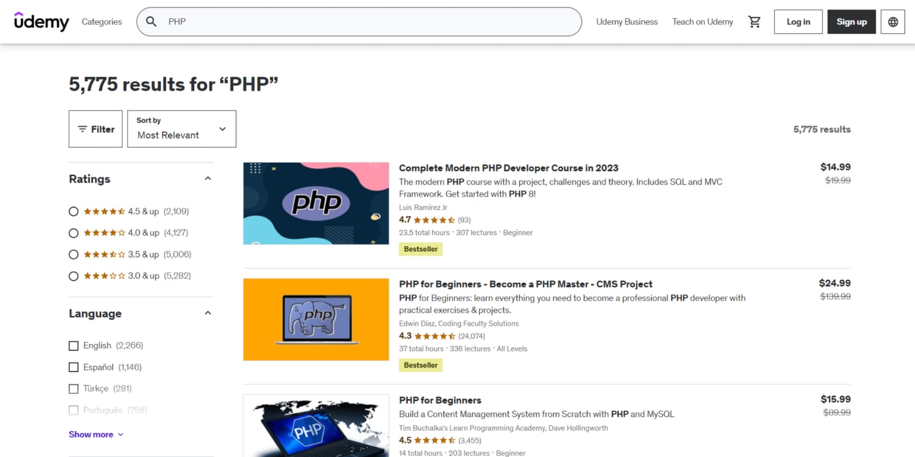 Uno screenshot dei corsi Udemy su PHP