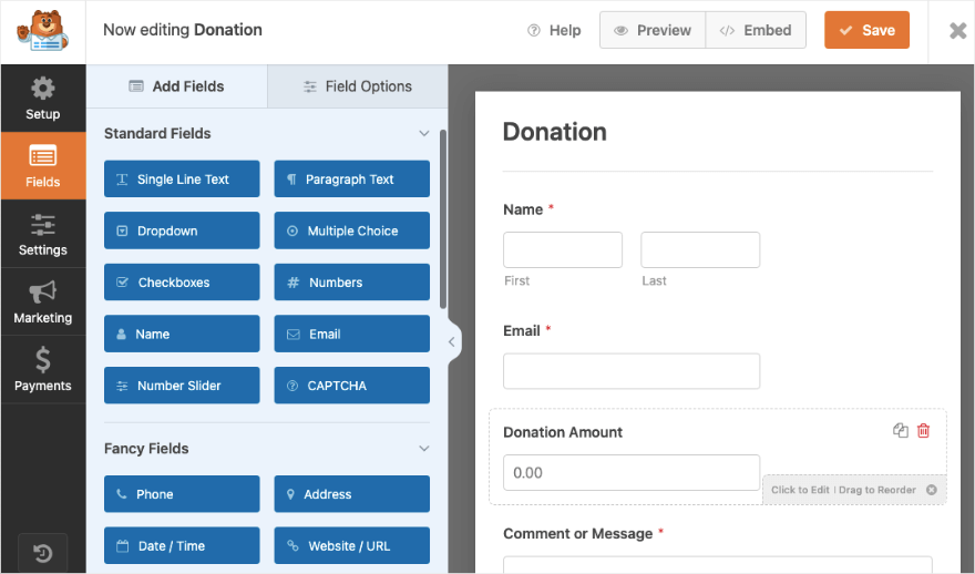 WPForms แสดงตัวอย่างการลากและวางตัวแก้ไข