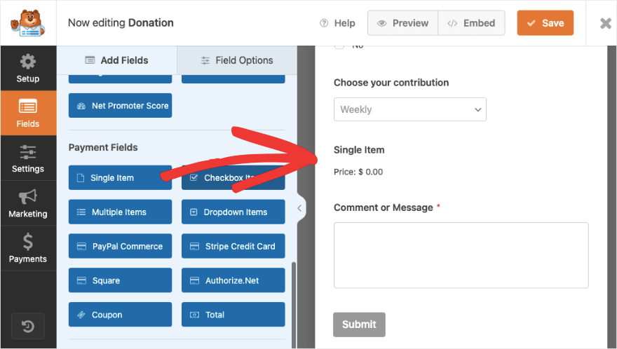 將單一項目新增至 WPForms