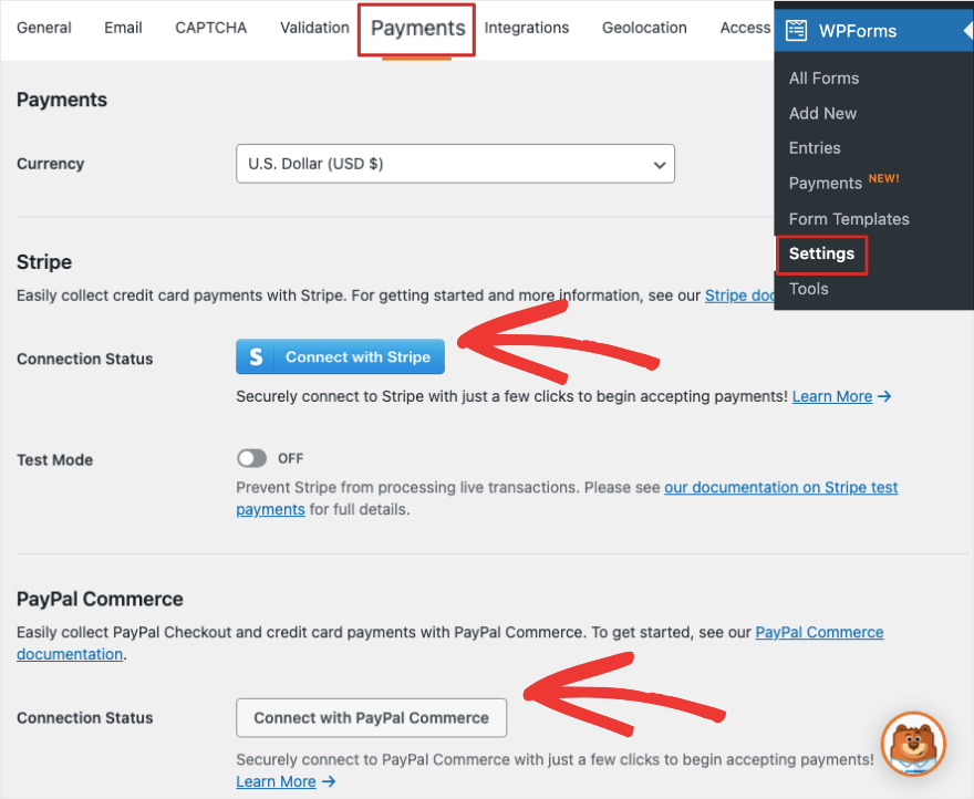 Paramètres de paiement dans wpforms