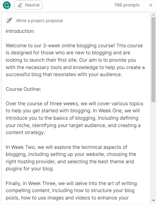 GrammarlyGO AI menghasilkan proposal kursus untuk membantu menjawab "apakah Grammarly Premium layak dilakukan".