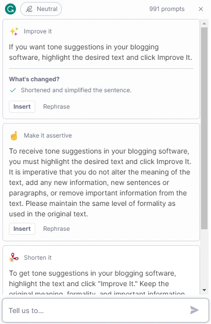 Peningkatan Grammarly Premium + saran nada untuk "Jadikan asertif" dan "Persingkat", menggunakan kutipan dari "Apakah Grammarly Premium layak dilakukan".