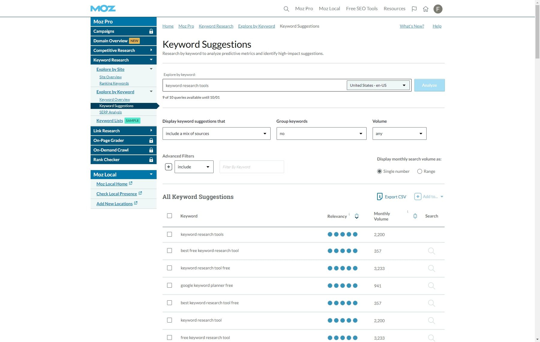 Moz Keyword Suggestion เครื่องมือวิจัยคำหลัก