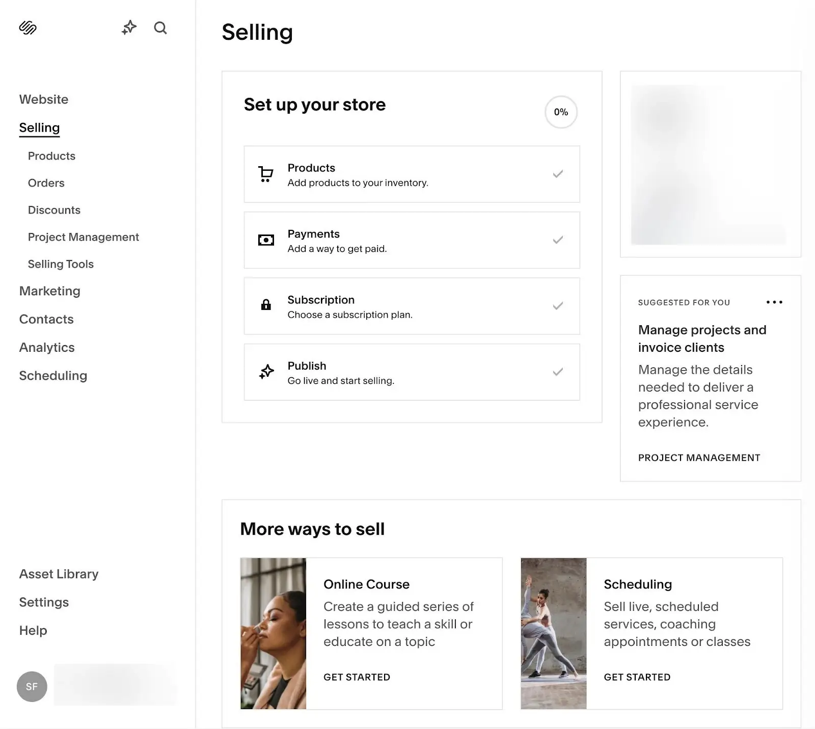 Das Dashboard aus unserem Squarespace E-Commerce-Test.