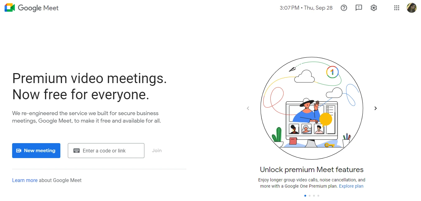 Google Meet のランディング ページ。