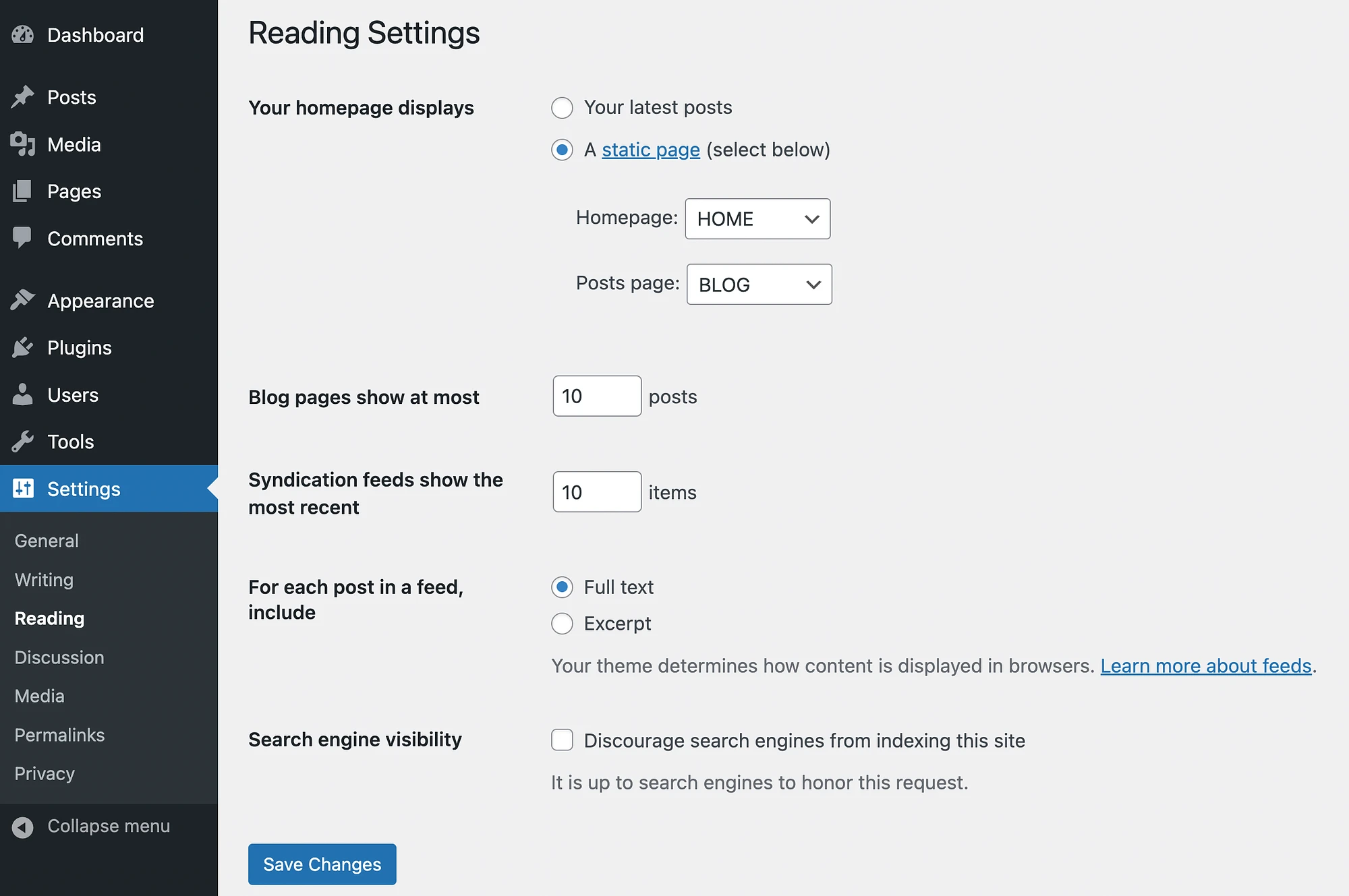 Modification de vos paramètres de lecture WordPress.