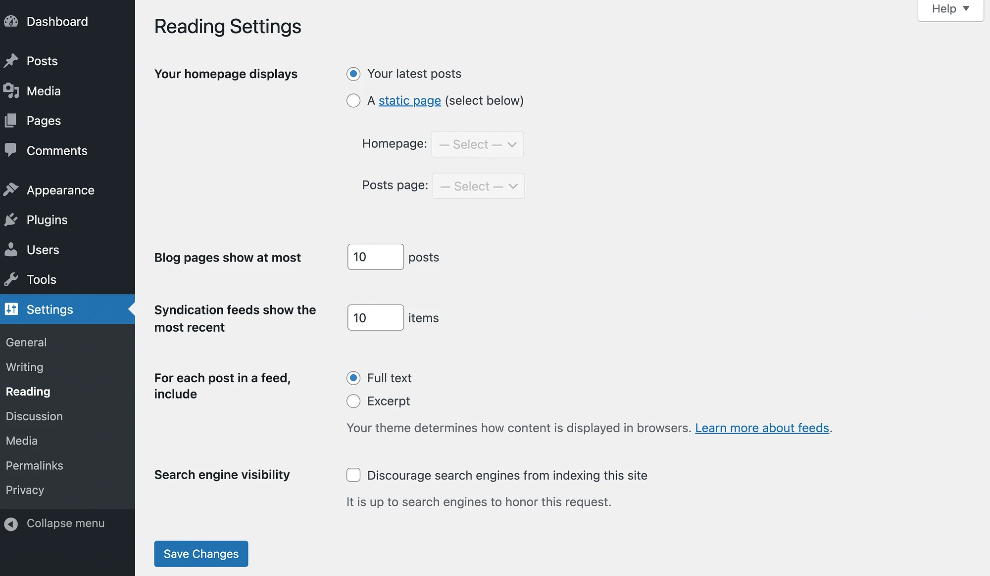 การตั้งค่าการอ่าน WordPress