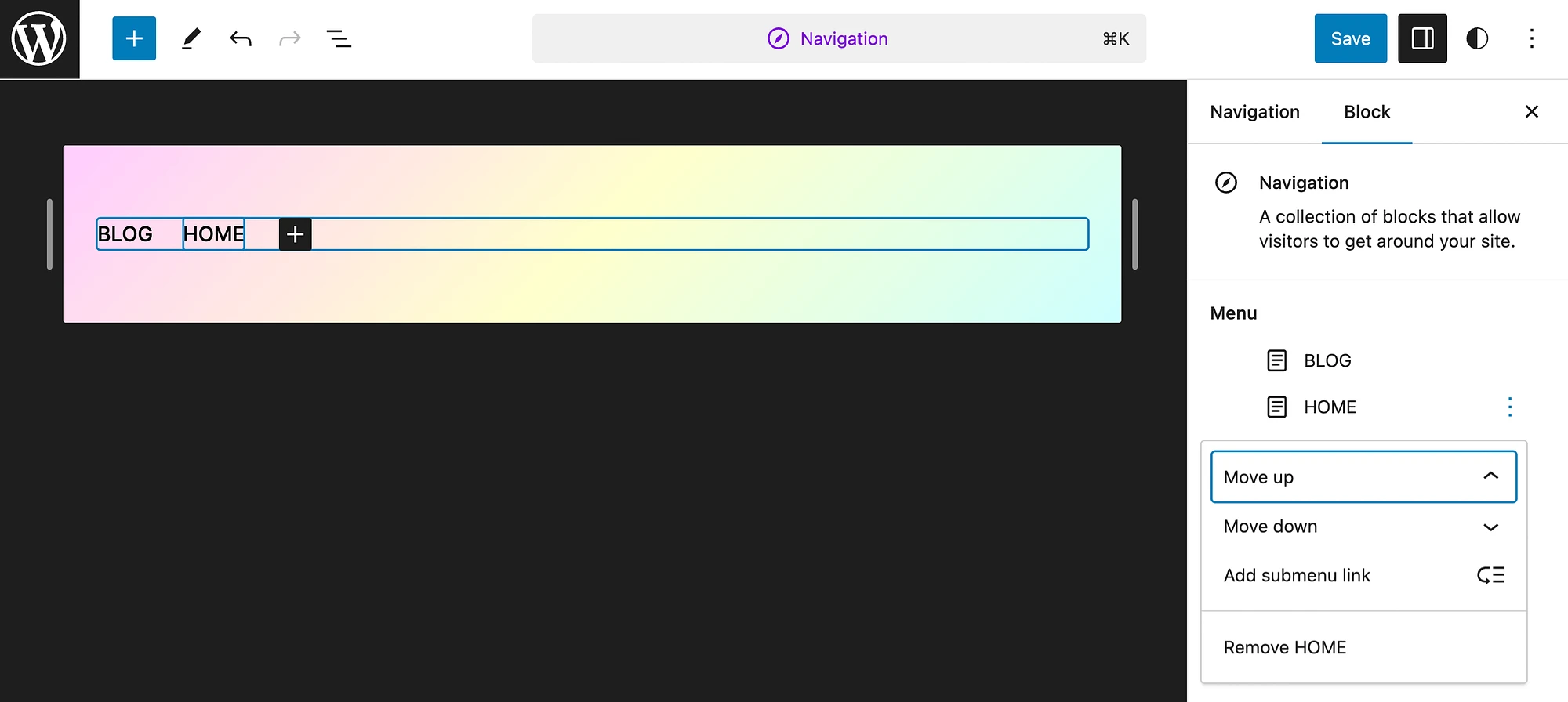 Modification des éléments du menu de navigation WordPress.