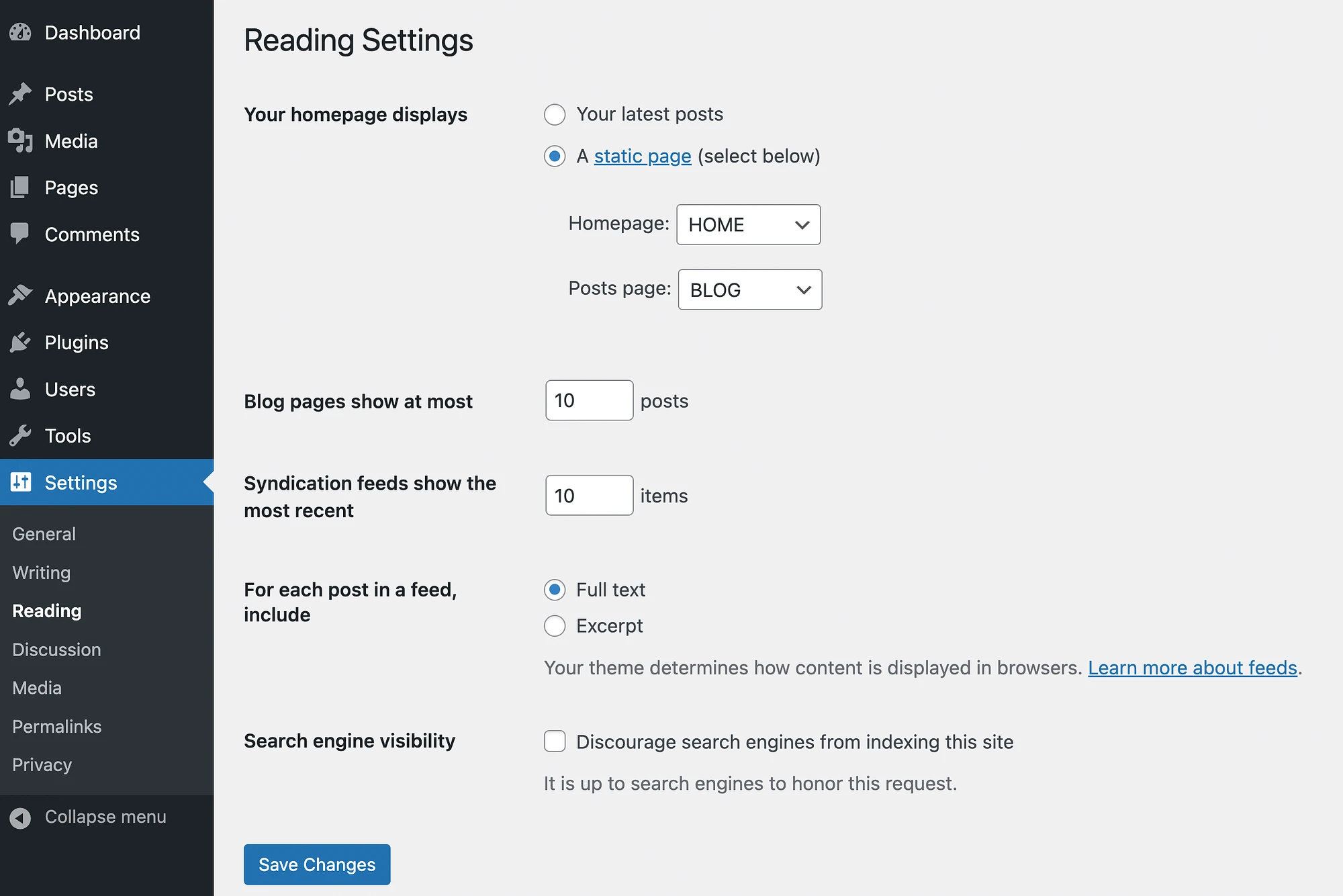 Modification des paramètres de lecture de WordPress.