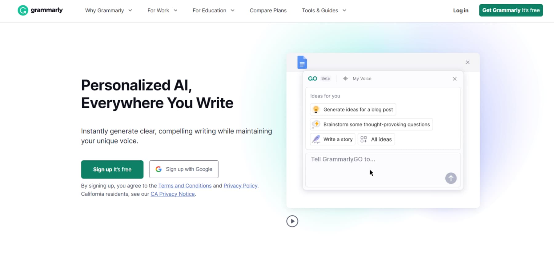 Uno screenshot della home page di Grammarly