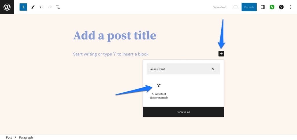 добавить блок подсказок помощника Jetpack AI в редактор WordPress