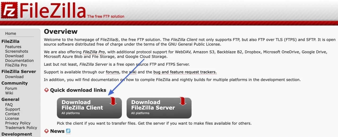 Der FileZilla-Download-Button