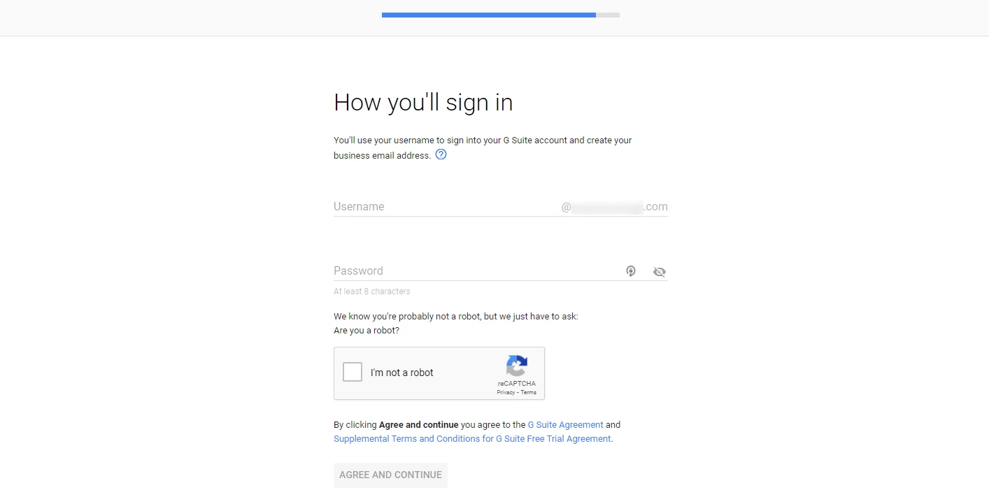 La página para crear un nombre de usuario en G Suite para usarlo como dirección de correo electrónico comercial.