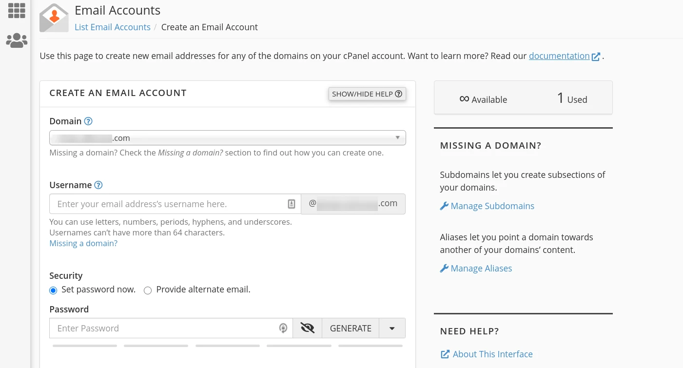 在 cPanel 中建立企業電子郵件地址帳戶的頁面。
